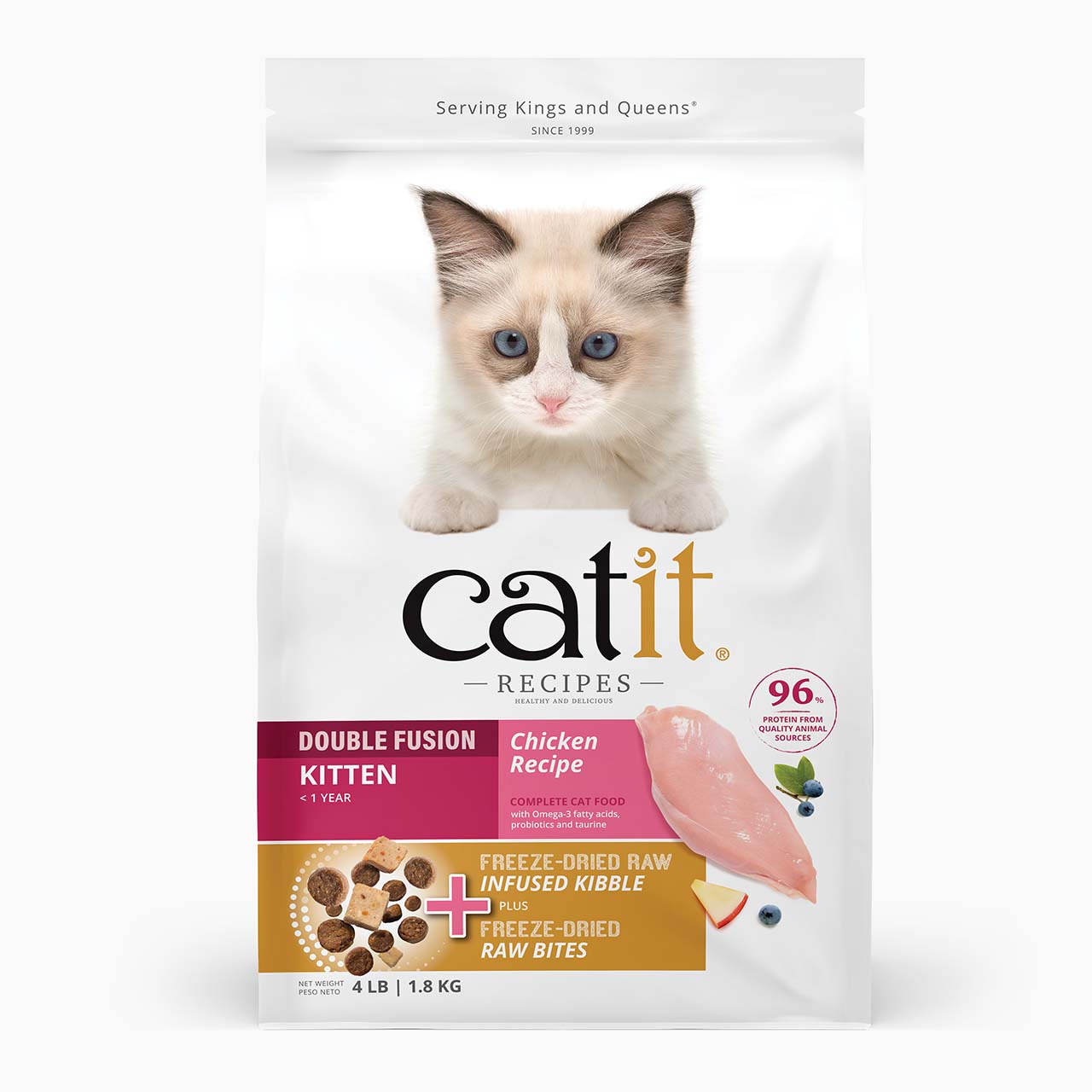 Catit Recipes Double Fusion kitten food packaging featuring a chicken recipe with freeze-dried raw bites