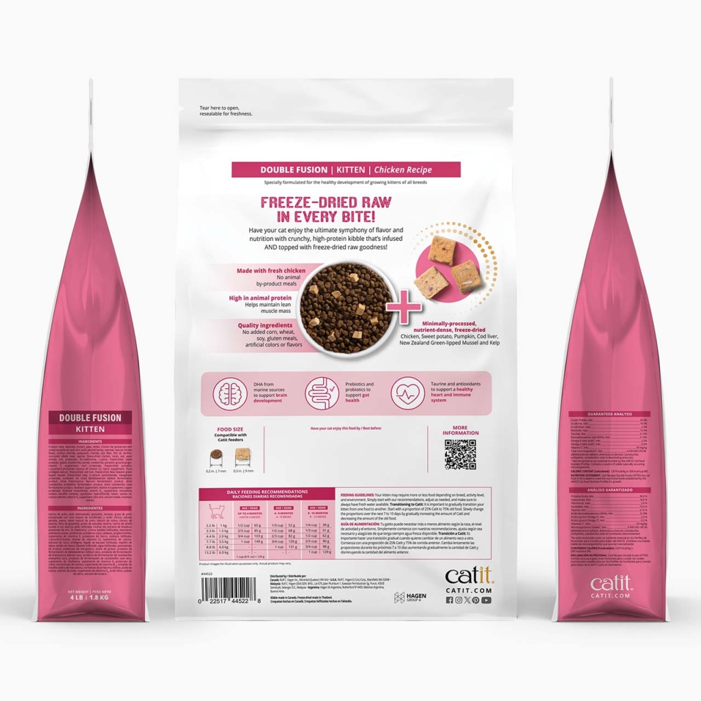 Catit Double Fusion Kitten chicken recipe dry cat food packaging showing ingredients, feeding guidelines, and benefits