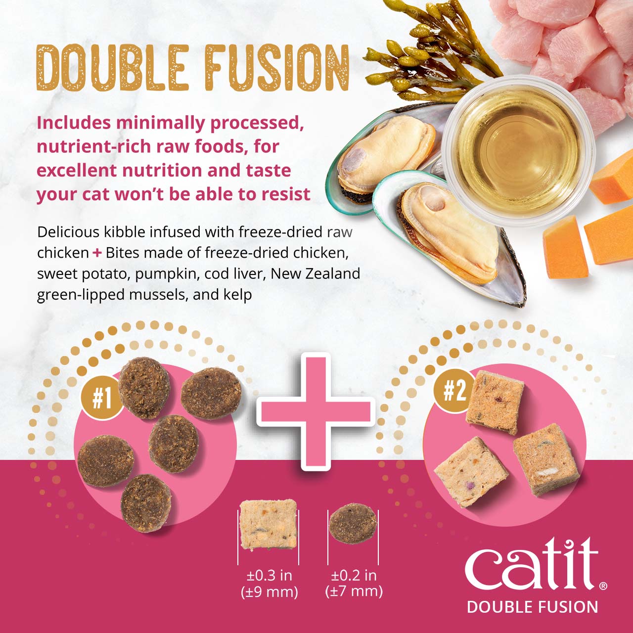 Catit Double Fusion cat food combines nutrient-rich kibble with freeze-dried raw chicken, sweet potato, pumpkin, and mussels