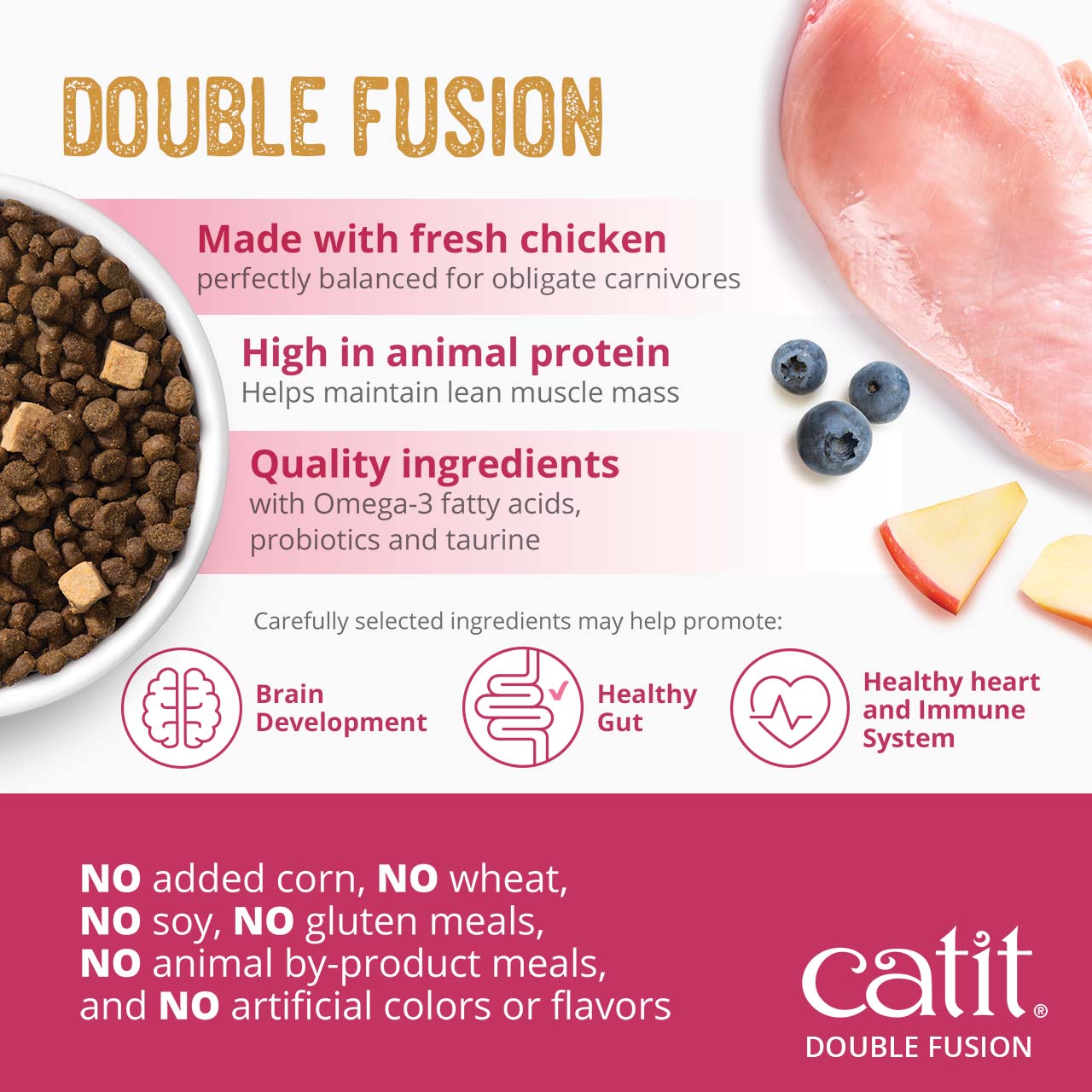 Catit Double Fusion cat food features fresh chicken, high animal protein, and quality ingredients like omega-3s and probiotics to support brain, gut, heart, and immune health without corn, wheat, soy, or artificial additives