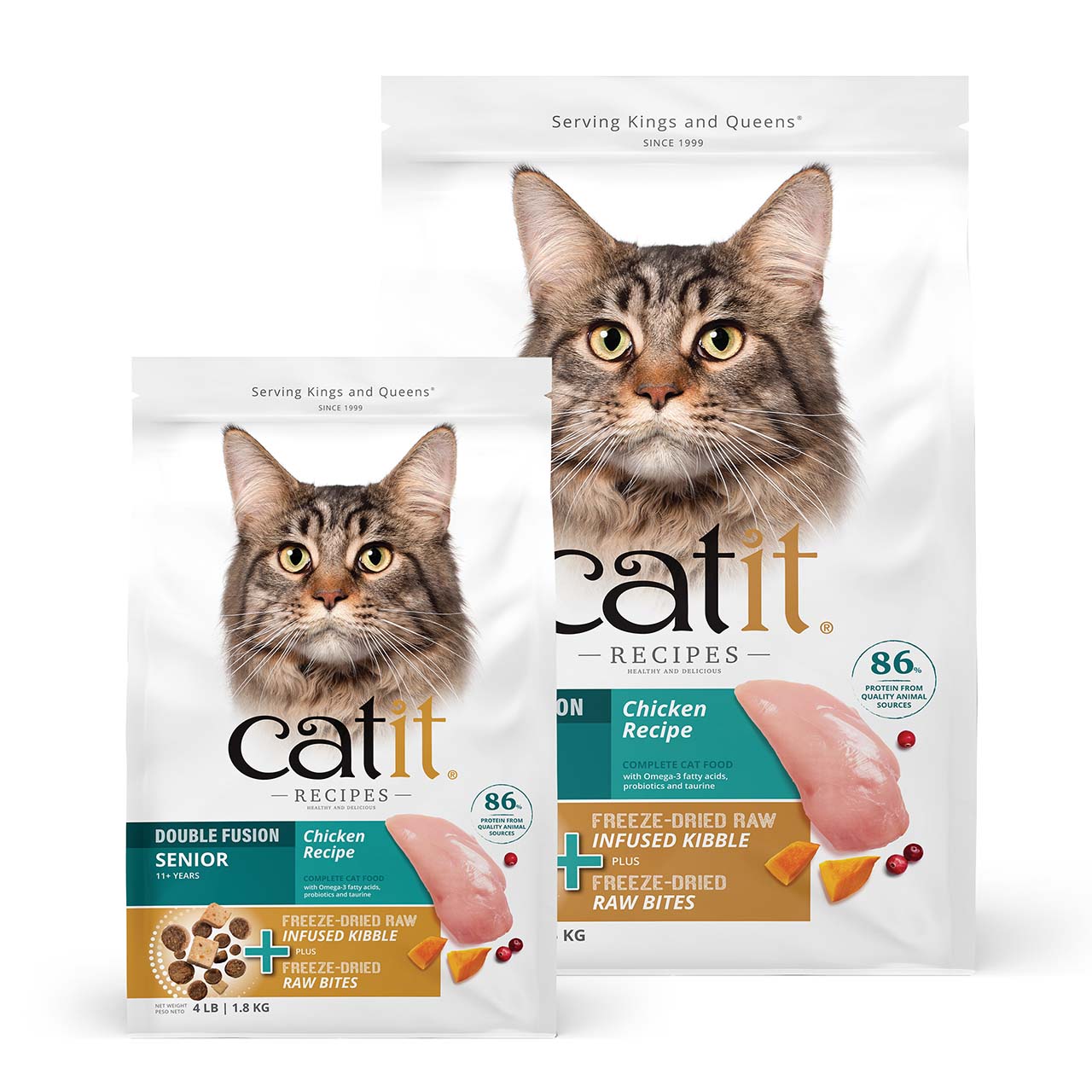 Two bags of Catit Recipes Chicken cat food, one labeled for seniors and one standard formula