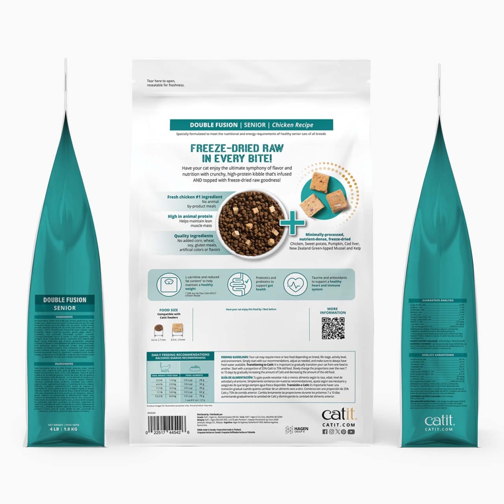 Catit Double Fusion Senior cat food packaging, featuring product benefits, feeding guidelines, and nutritional information