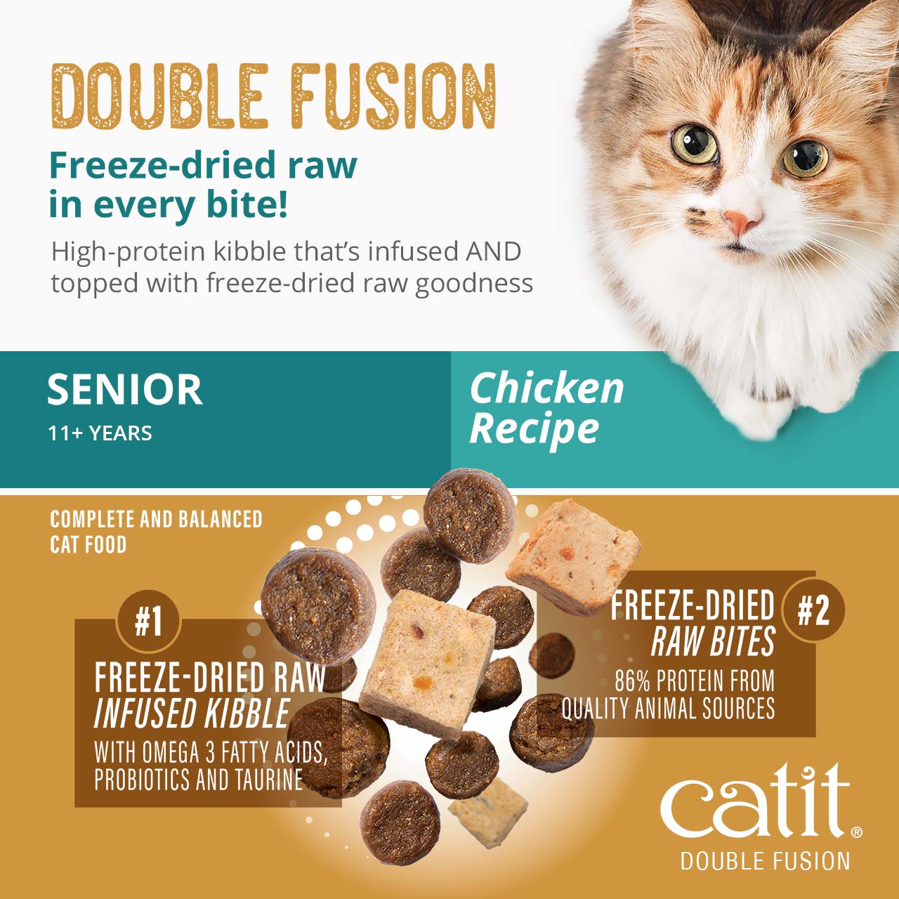 Catit Double Fusion senior cat food featuring freeze-dried raw infused kibble and raw bites for cats 11+ years old