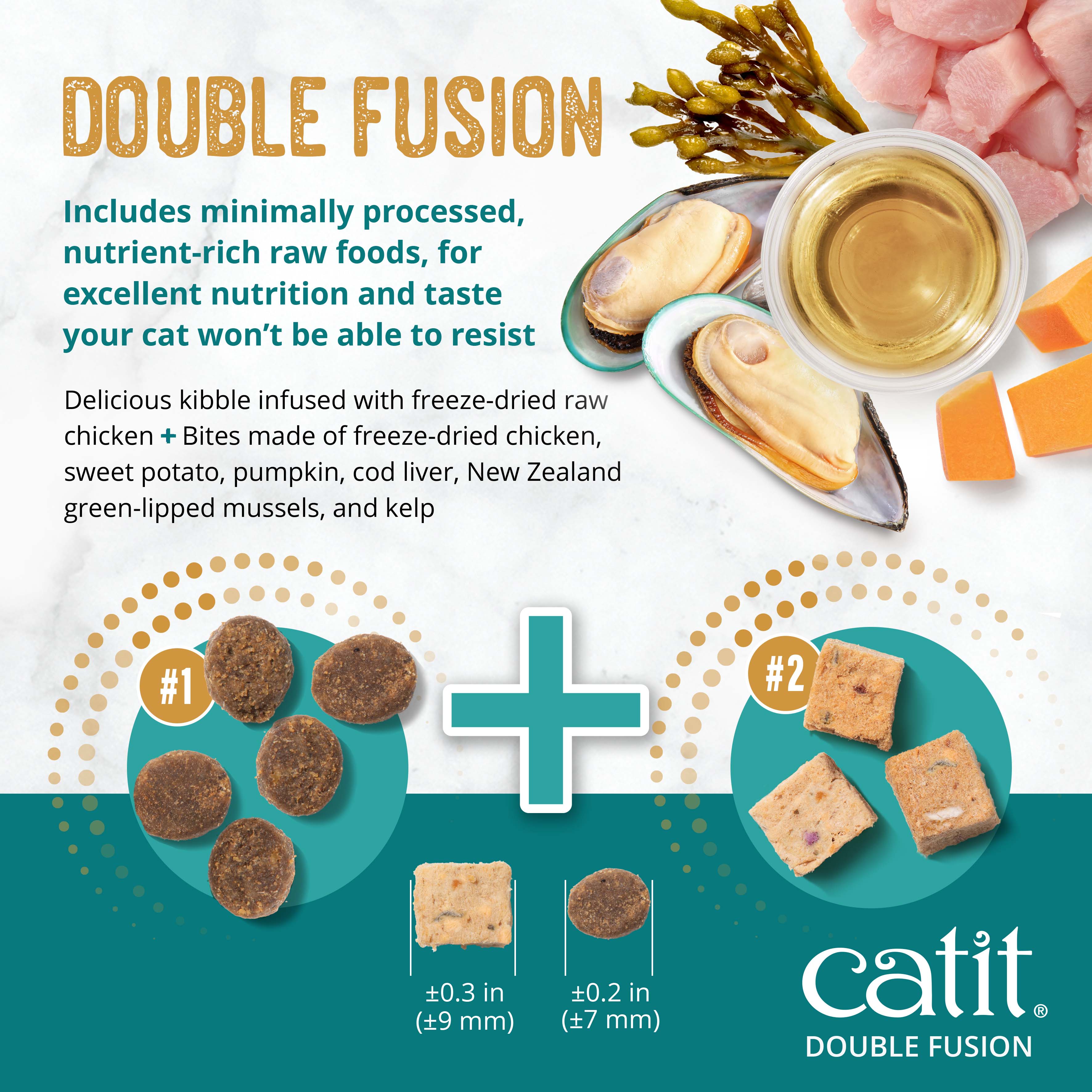 Catit Double Fusion cat food combines nutrient-rich kibble with freeze-dried raw chicken and other ingredients for improved nutrition
