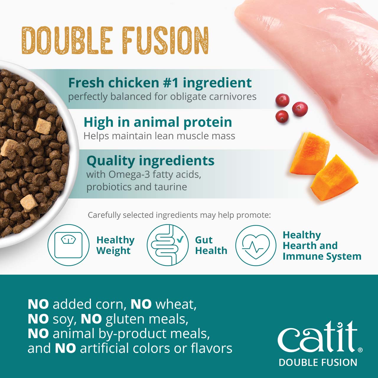 Catit Double Fusion cat food features fresh chicken as the primary ingredient, high animal protein, and quality nutrients to support healthy weight, gut health, and immune function without artificial additives or common fillers