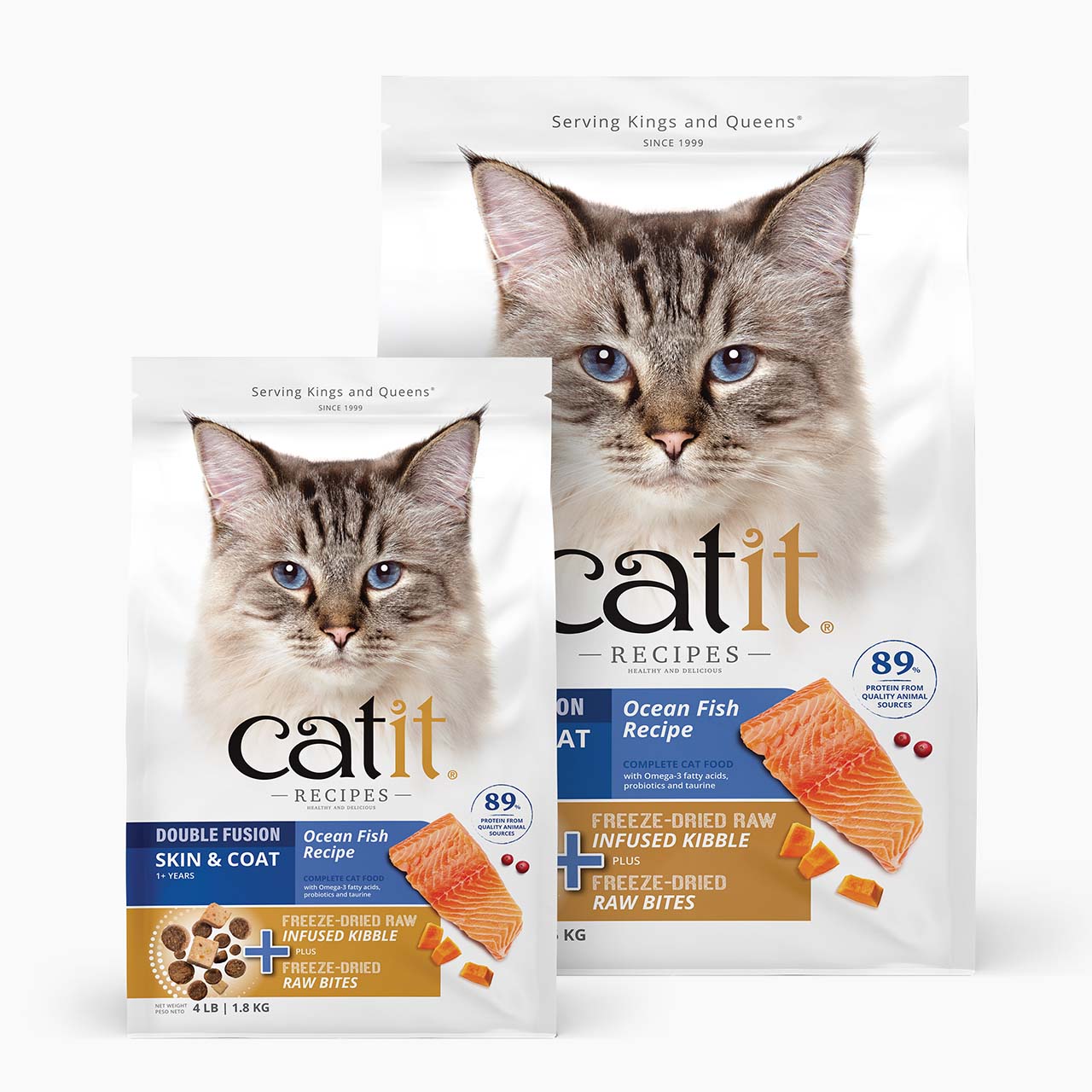 Two bags of Catit Recipes Ocean Fish cat food with freeze-dried raw infused kibble and raw bites