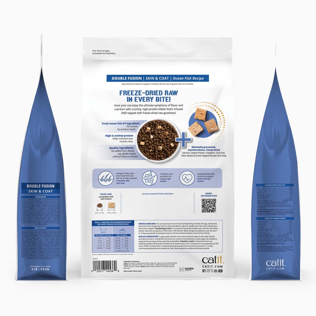 Catit Double Fusion Skin & Coat cat food packaging showing ingredients, feeding guidelines, and nutritional information