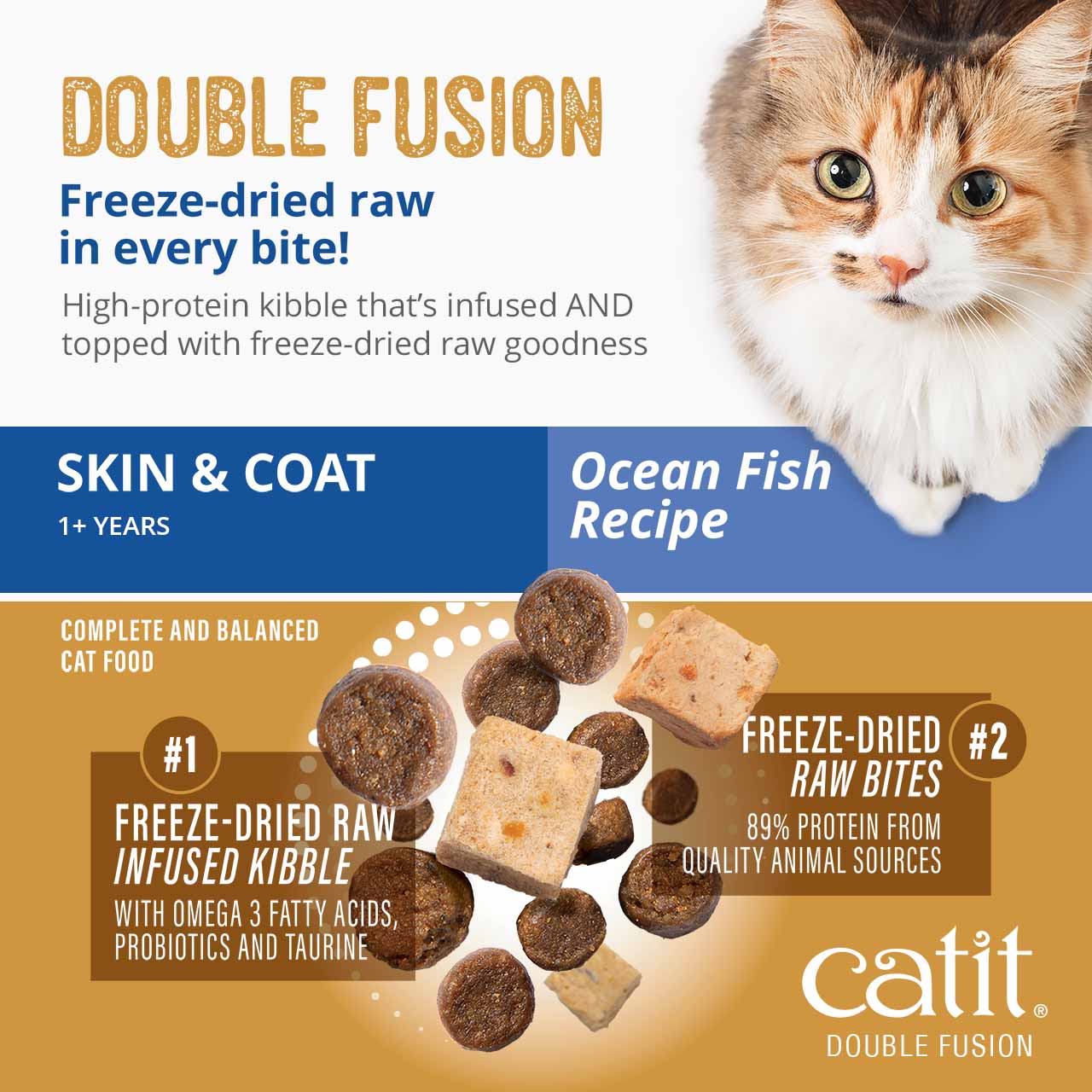 Catit Double Fusion Ocean Fish Recipe cat food, featuring freeze-dried raw infused kibble and freeze-dried raw bites