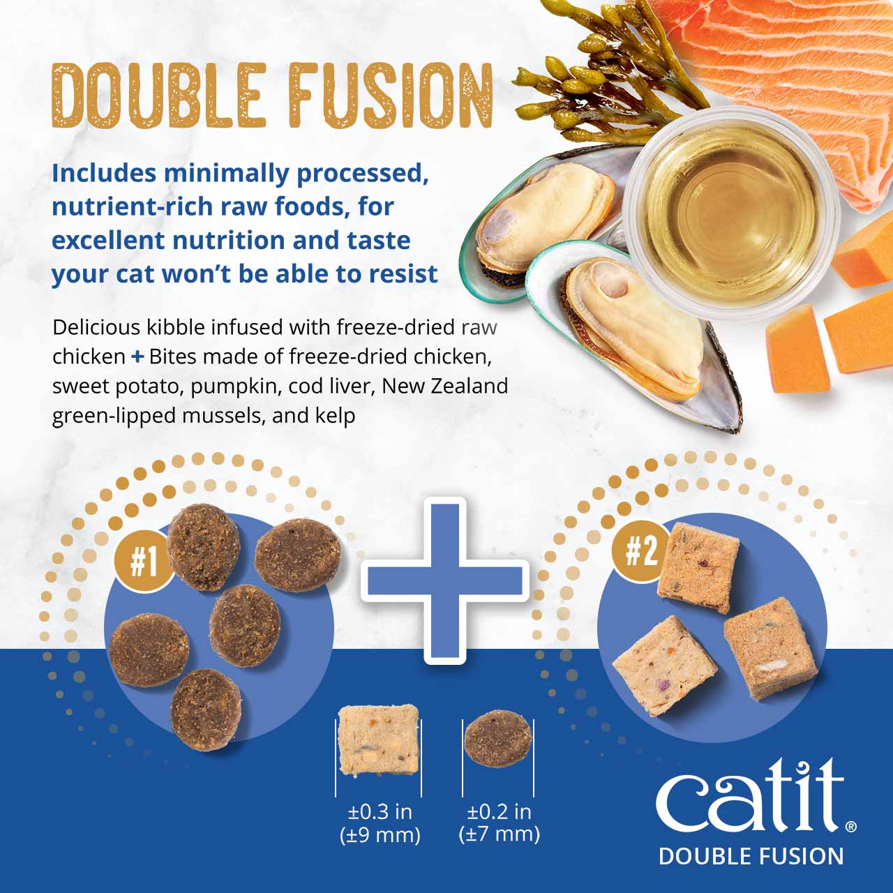 Catit Double Fusion cat food combines nutrient-rich kibble with freeze-dried raw chicken and vegetable bites