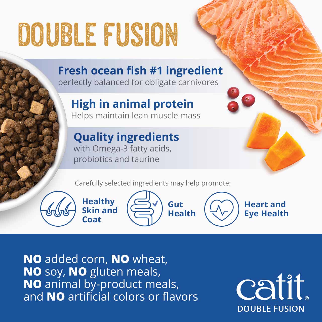 Catit Double Fusion cat food features fresh ocean fish as the primary ingredient, high animal protein, and no fillers or artificial additives to support skin, coat, gut, heart, and eye health
