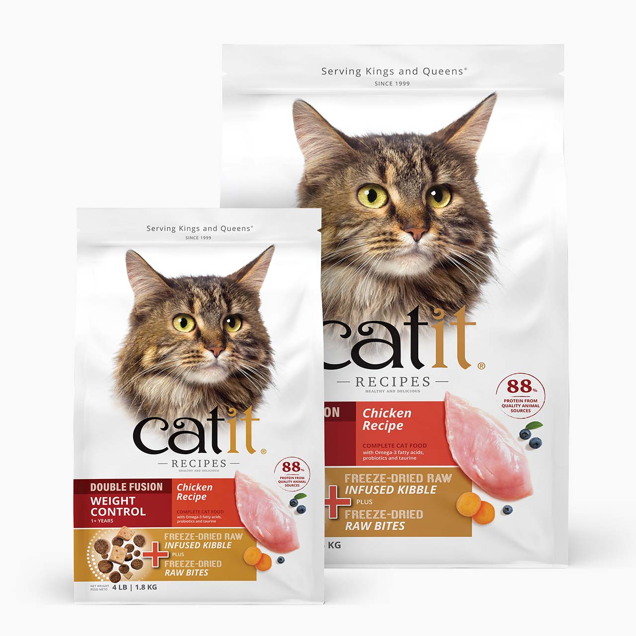 Two bags of Catit Recipes Chicken cat food, one labeled Weight Control and one standard recipe