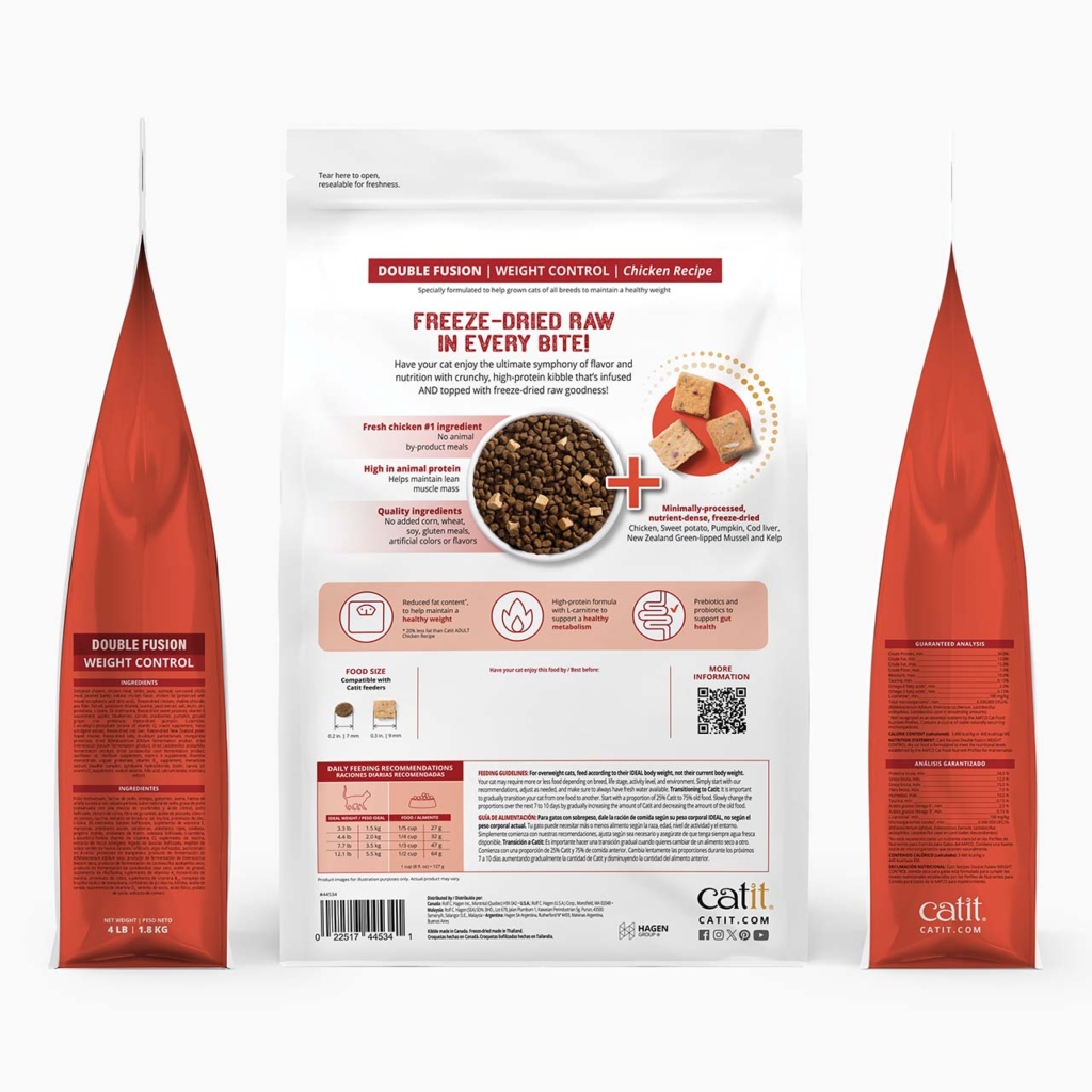 Catit Double Fusion Weight Control cat food packaging showing ingredients, nutritional analysis, and feeding guidelines