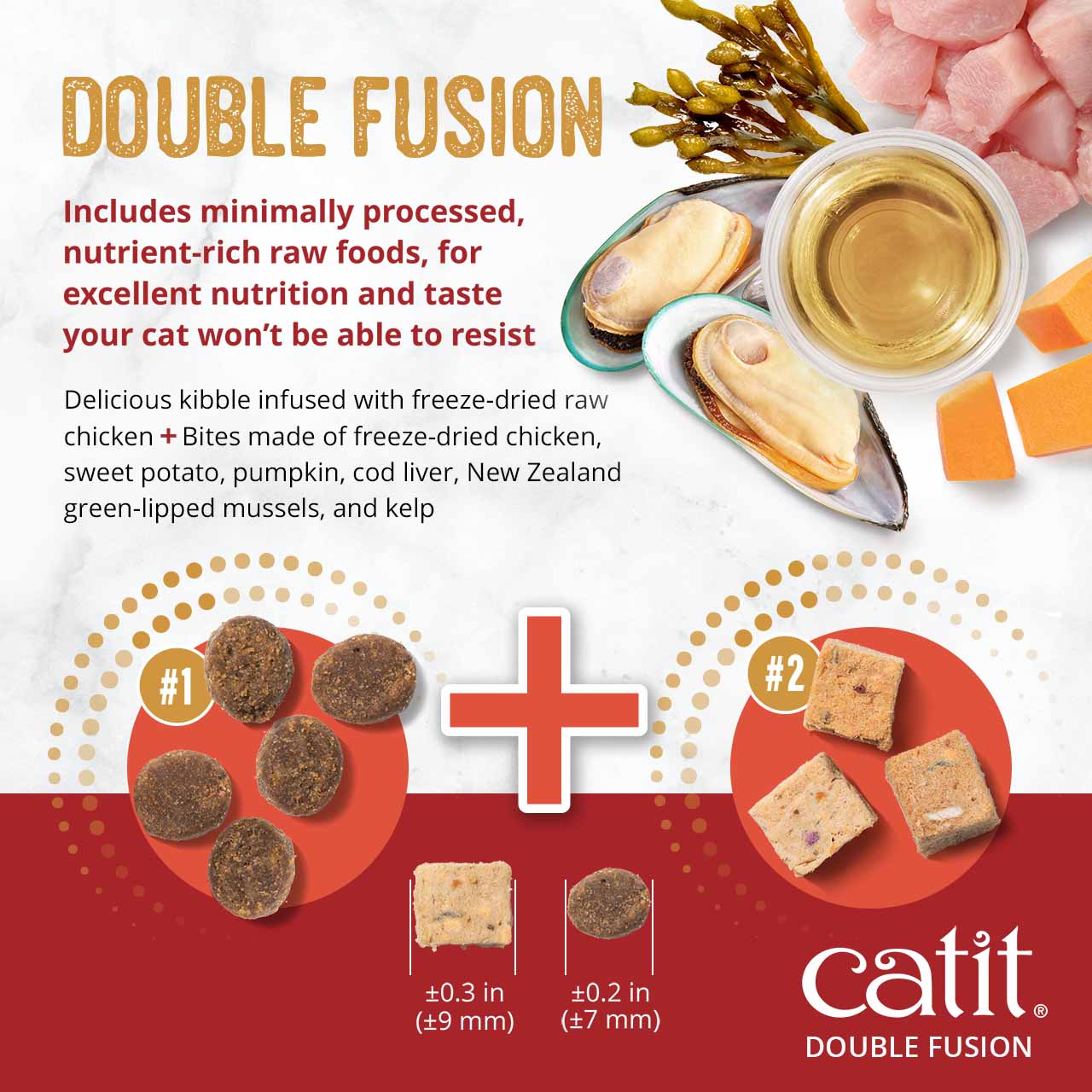 Catit Double Fusion cat food combines nutrient-rich kibble with freeze-dried raw chicken, sweet potato, pumpkin, and mussels