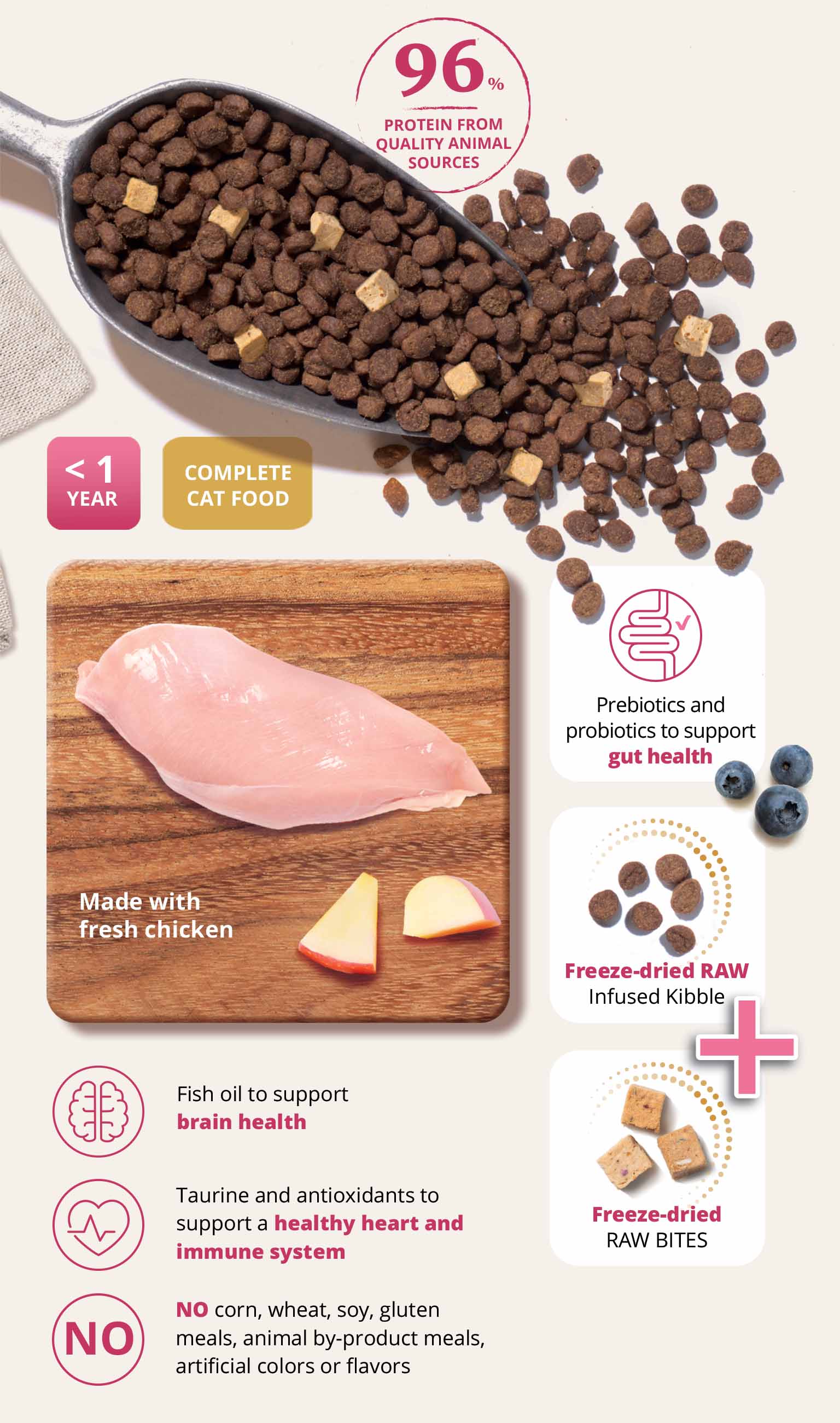Infographic highlighting Catit kitten food features: 96% animal protein, fresh chicken, prebiotics, probiotics, and raw bites