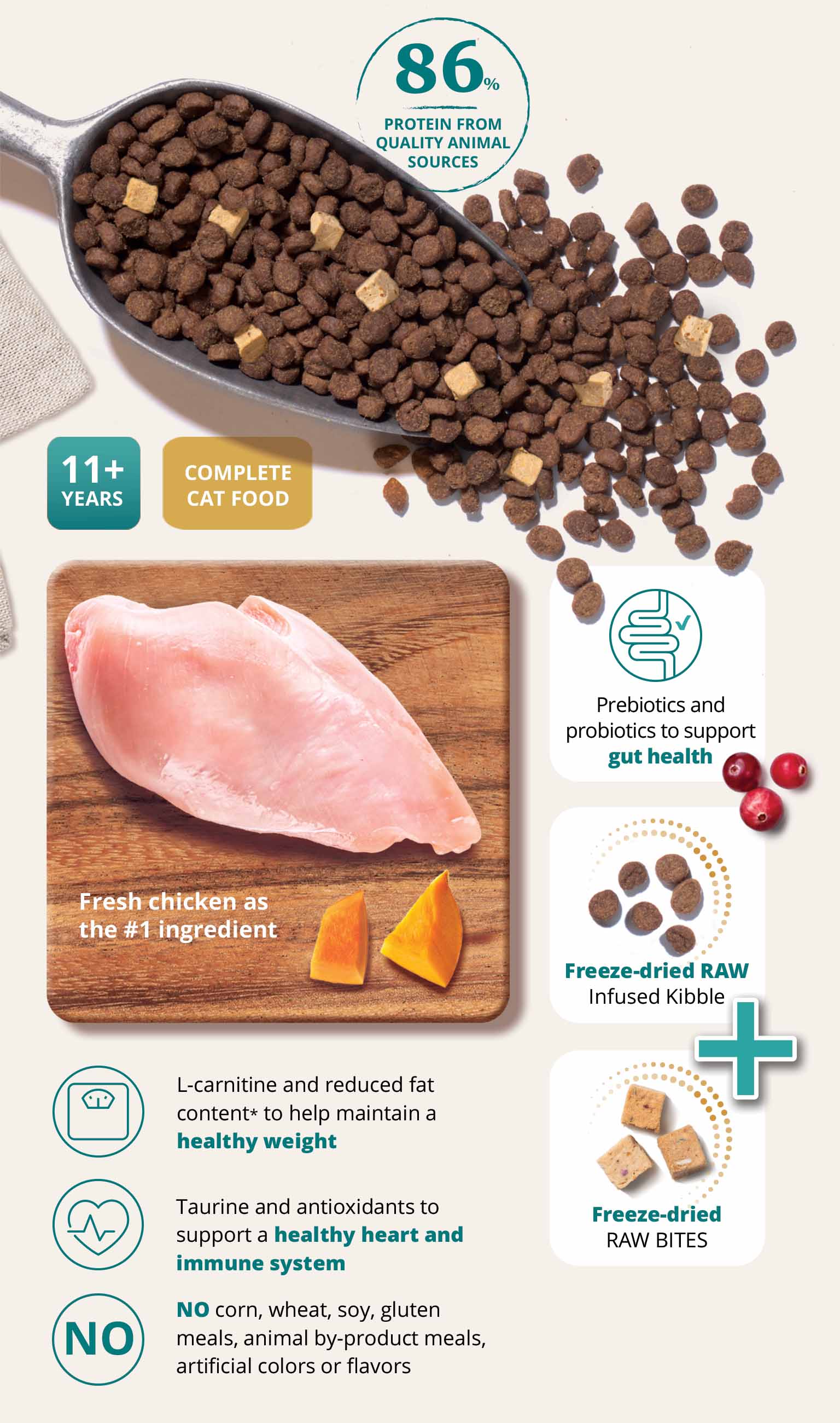 Infographic for Catit senior cat food highlighting 86% animal protein, fresh chicken, raw-infused kibble, and health benefits