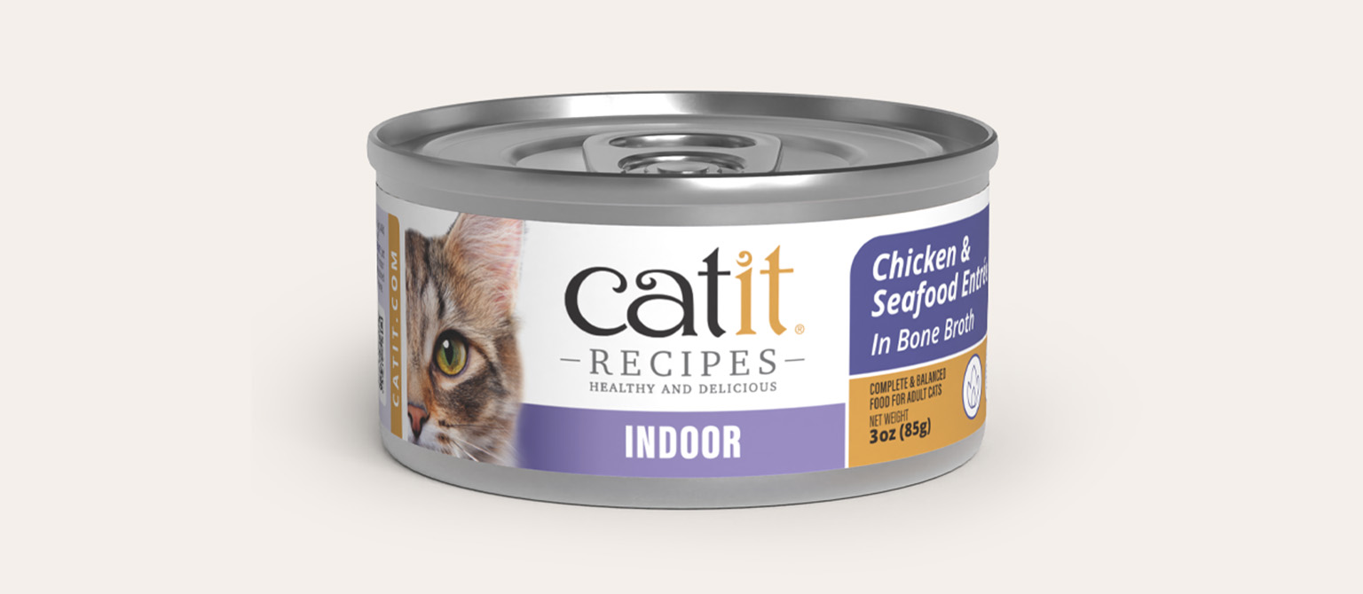 Catit Recipes Indoor Chicken and Seafood Entrée in Bone Broth cat food can