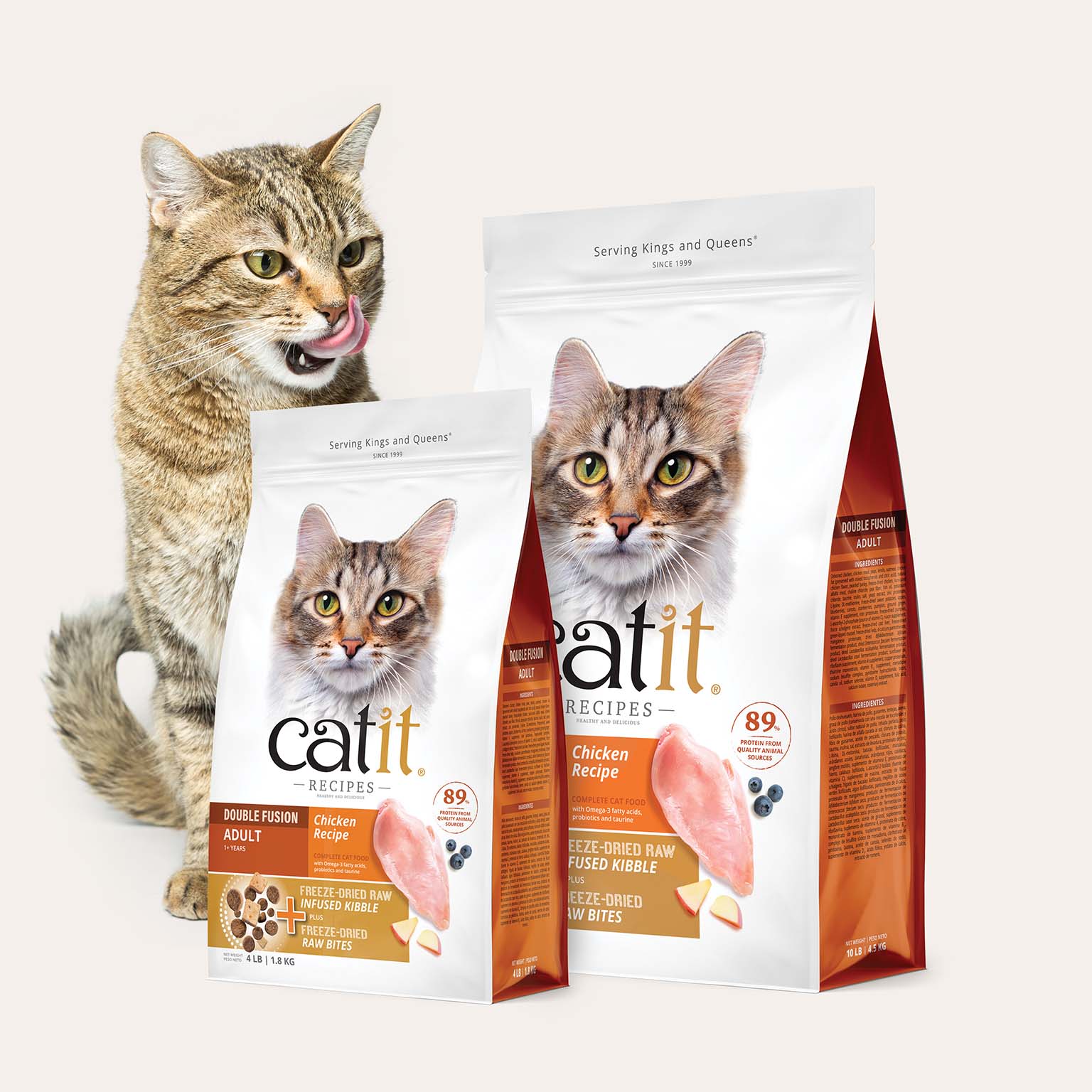 A tabby cat stands next to two bags of Catit Recipes Double Fusion adult cat food with freeze-dried raw bites