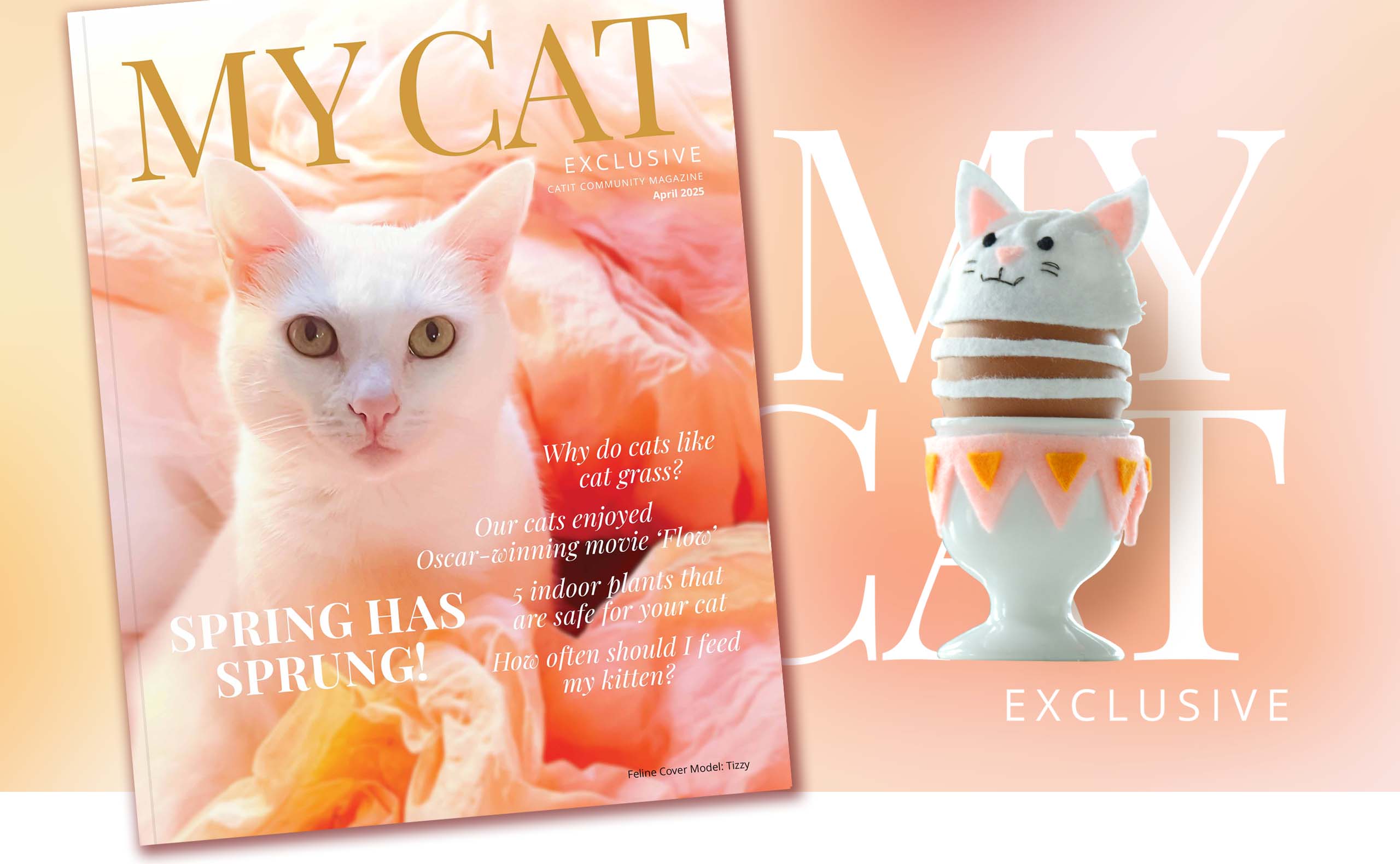 Catit Community Magazine April 2025 cover featuring a white cat and a cat-themed egg cup craft project