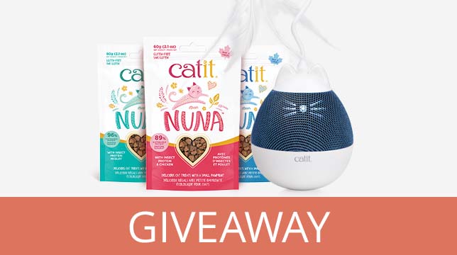 Catit Nuna cat treat packaging and a PIXI smart feeder for a giveaway promotion