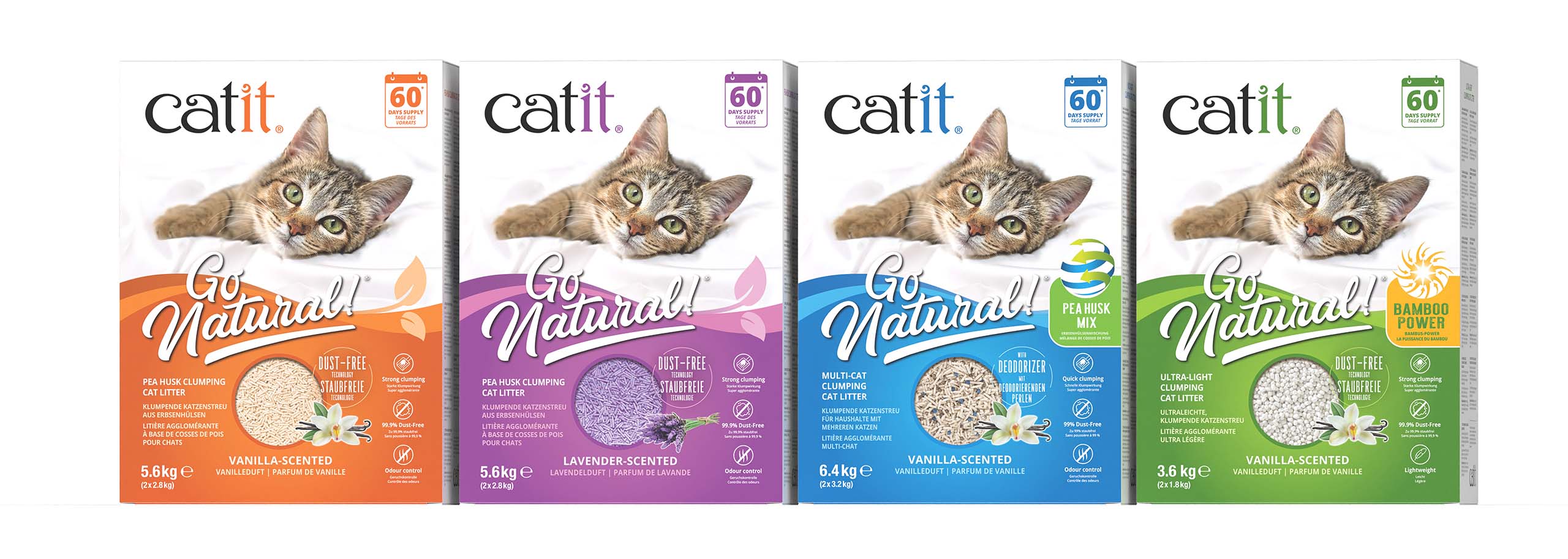 Four packages of Catit Go Natural cat litter in different varieties: Vanilla-scented pea husk, Lavender-scented pea husk, Multi-cat pea husk with deodorizer, and Vanilla-scented ultra-light bamboo power.