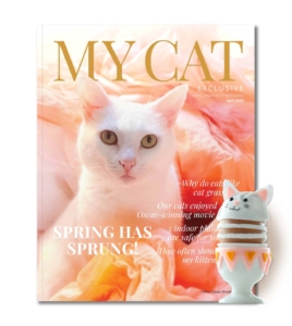 April 2025 issue of My Cat magazine featuring a white cat and a cat-themed egg cup toy