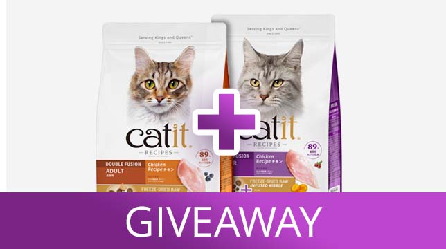 Catit Recipes cat food giveaway featuring two bags of freeze-dried raw infused kibble
