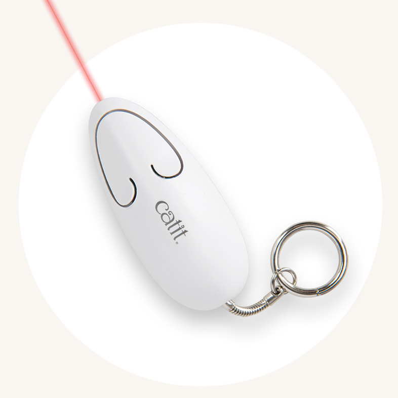 White Catit laser toy keychain emitting a red laser beam