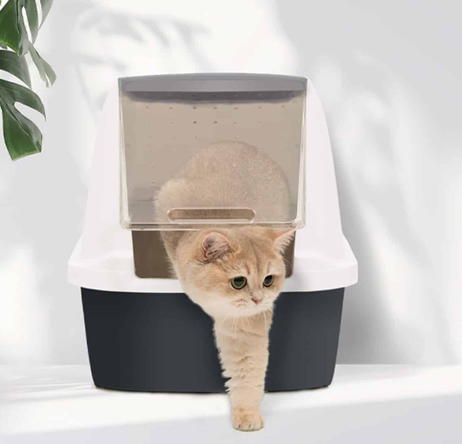 A light brown cat stepping out of a grey and white hooded cat litter box