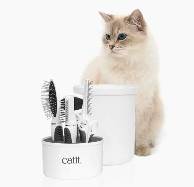 A long-haired cat sits next to a Catit grooming kit containing brushes and combs in a white storage container