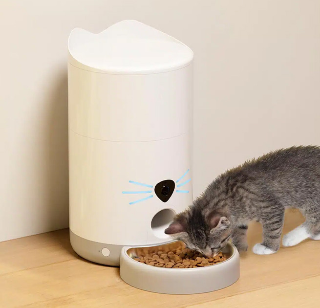 A kitten eating from a white Catit PIXI Vision Smart Feeder shaped like a cat head