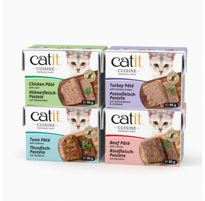 Four varieties of Catit Cuisine pâté cat food packaging, including chicken, turkey, tuna, and beef flavors