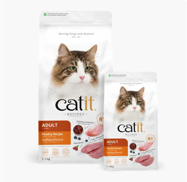 Two bags of Catit Adult Poultry Recipe cat food in 2kg and 400g sizes
