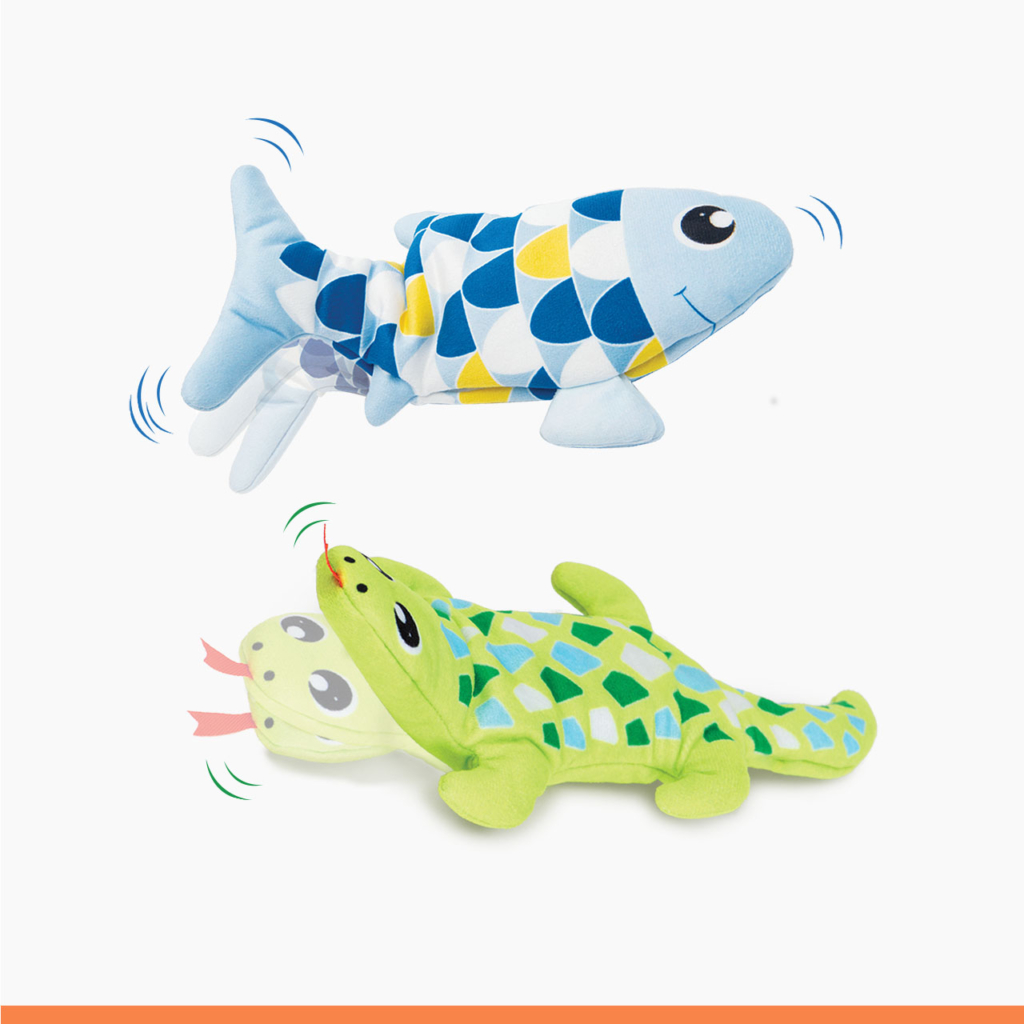 Two plush cat toys, a blue fish and a green lizard, shown in motion with motion lines indicating movement