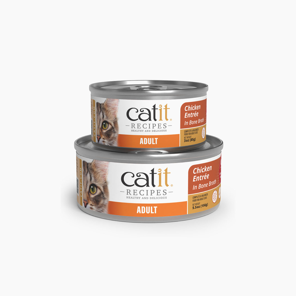Two cans of Catit Recipes Chicken Entrée in Bone Broth cat food, one 3oz and one 5.5oz, stacked on each other