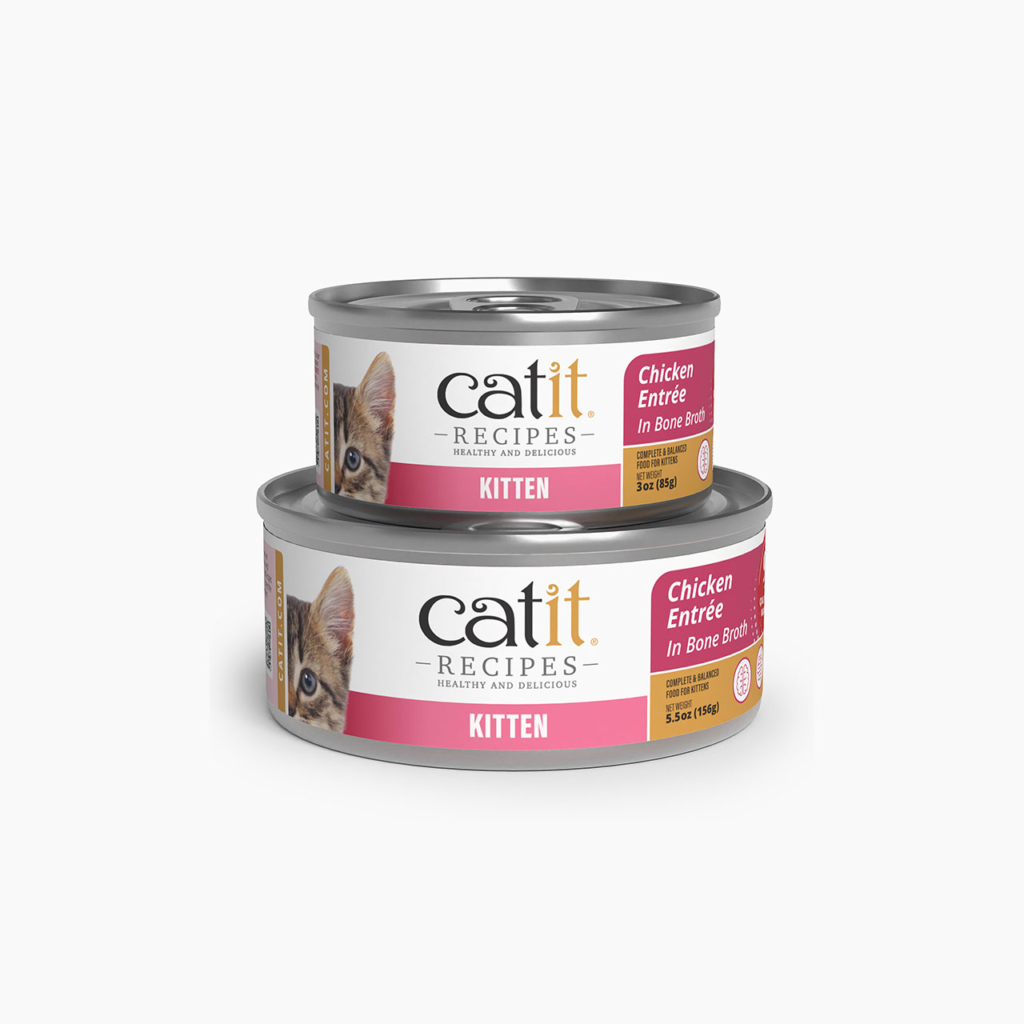 Two stacked cans of Catit Recipes Chicken Entrée in Bone Broth kitten food