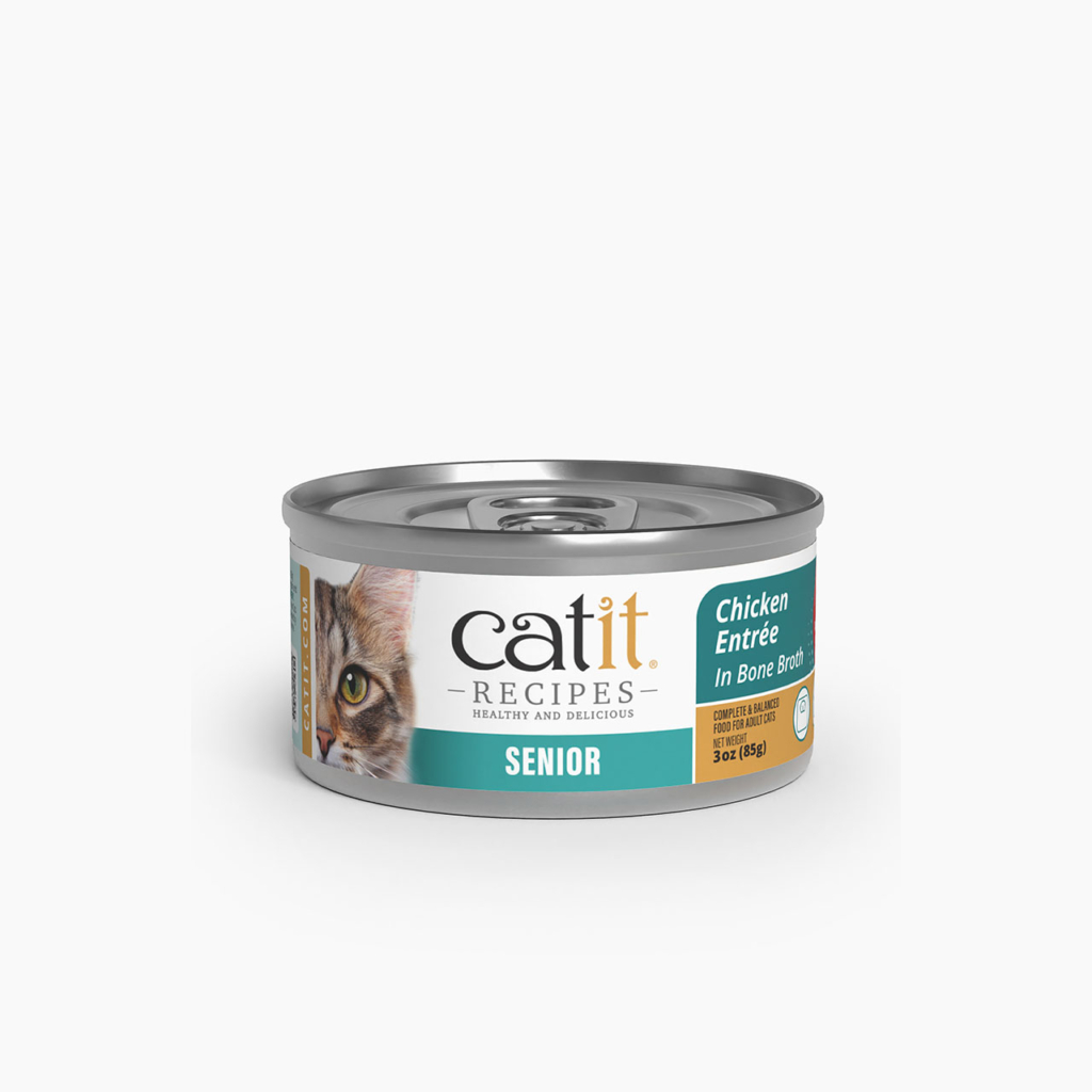 Catit Recipes Senior Chicken Entrée in Bone Broth cat food can, 3 oz