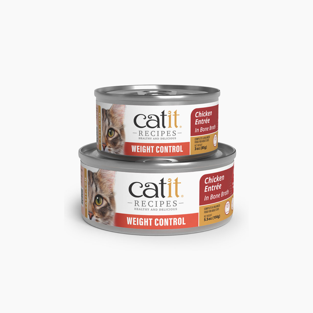 Two cans of Catit Recipes Weight Control Chicken Entrée in Bone Broth cat food, one 3oz and one 5.5oz, stacked on each other