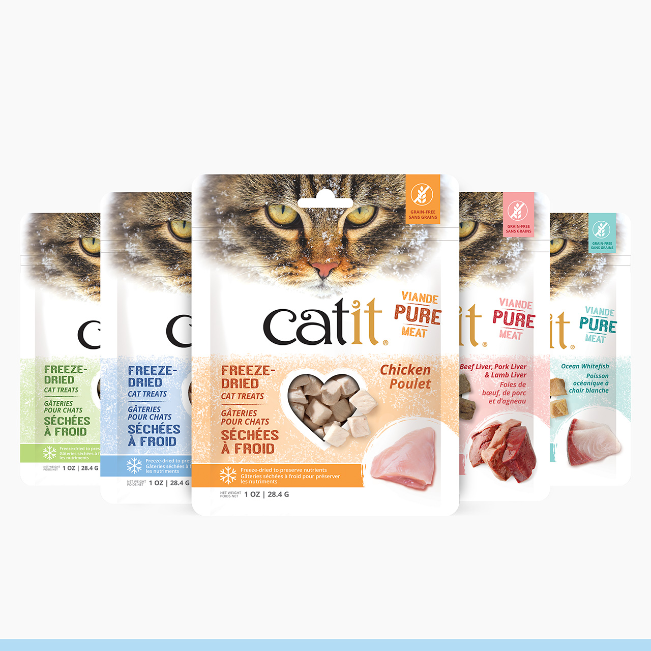 Five packages of Catit Pure Meat freeze-dried cat treats in various flavors including chicken, beef, pork, lamb, and fish