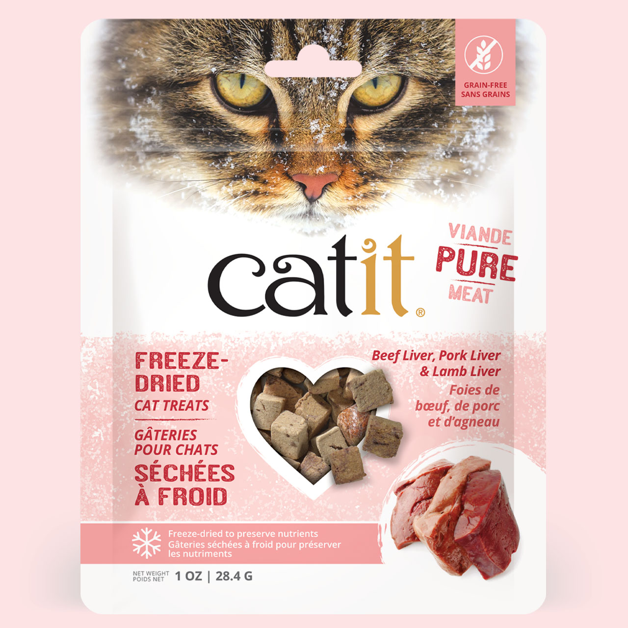 Catit freeze-dried cat treats made with beef, pork, and lamb liver in 1 oz packaging