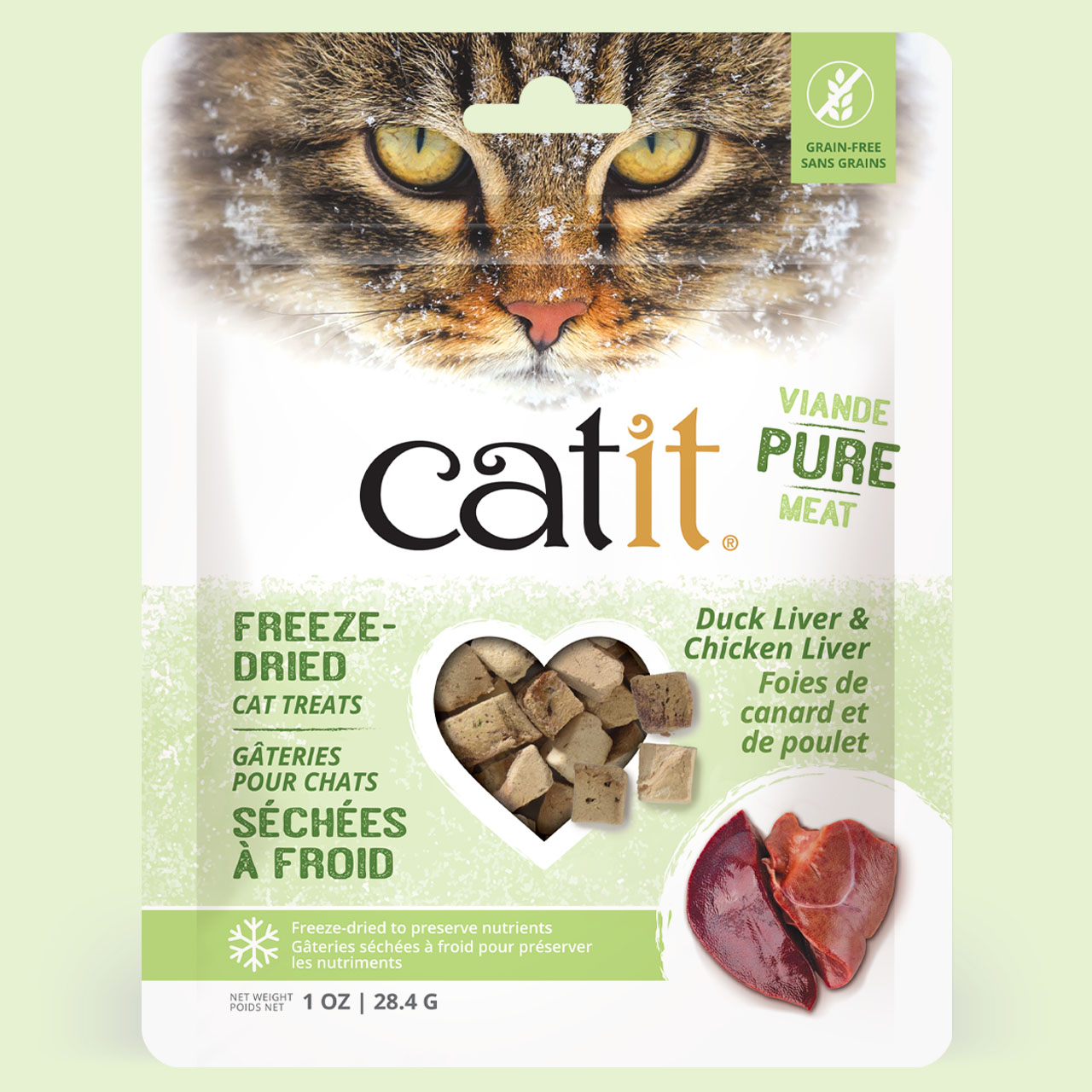 Catit freeze-dried cat treats packaging featuring duck and chicken liver flavor