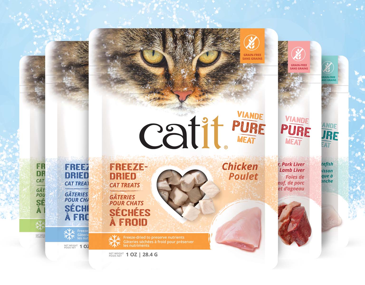 Catit freeze-dried cat treats in various flavors including chicken, pork and lamb liver, and whitefish