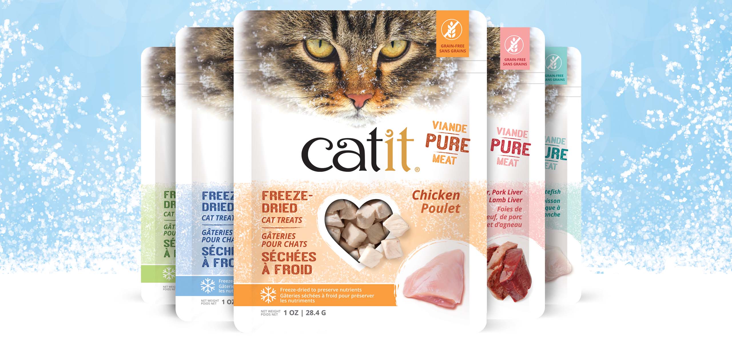 Catit freeze-dried cat treats in various meat flavors, including chicken, pork liver, lamb liver, and whitefish