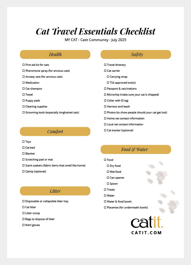 Catit travel essentials checklist for cats, organized by health, safety, comfort, food, water, and litter categories