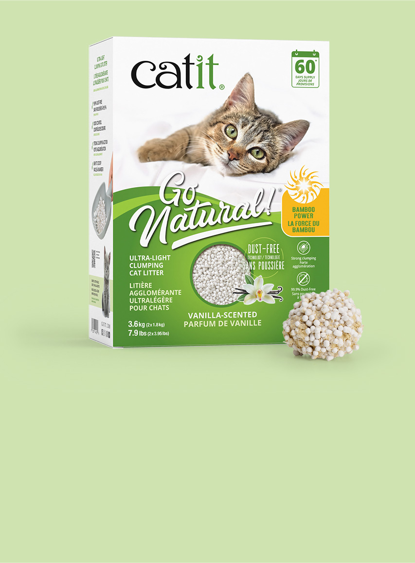 Catit Go Natural bamboo-based, vanilla-scented, ultra-light clumping cat litter packaging