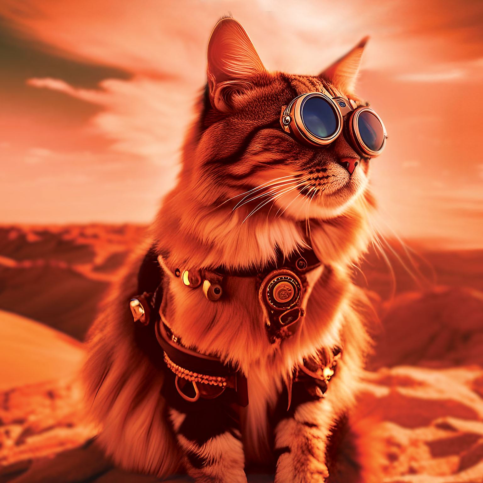 A fluffy cat wearing steampunk-style goggles and a harness, sitting in a desert landscape under an orange sky