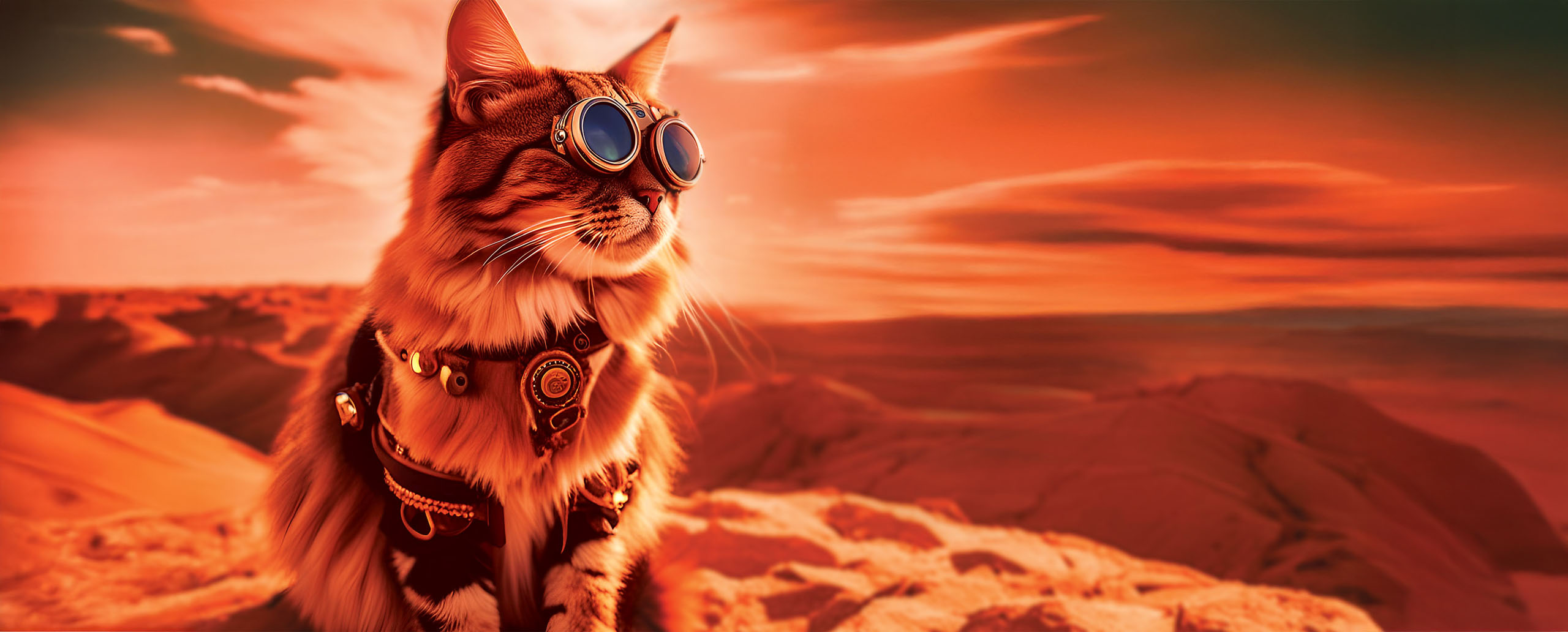 A fluffy cat wearing steampunk-style goggles and a harness stands on a rocky, orange landscape resembling Mars