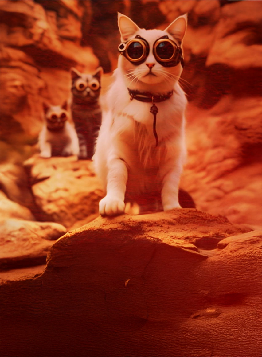 A white cat wearing steampunk goggles stands on a rocky, orange Martian-like landscape with two smaller cats in the background