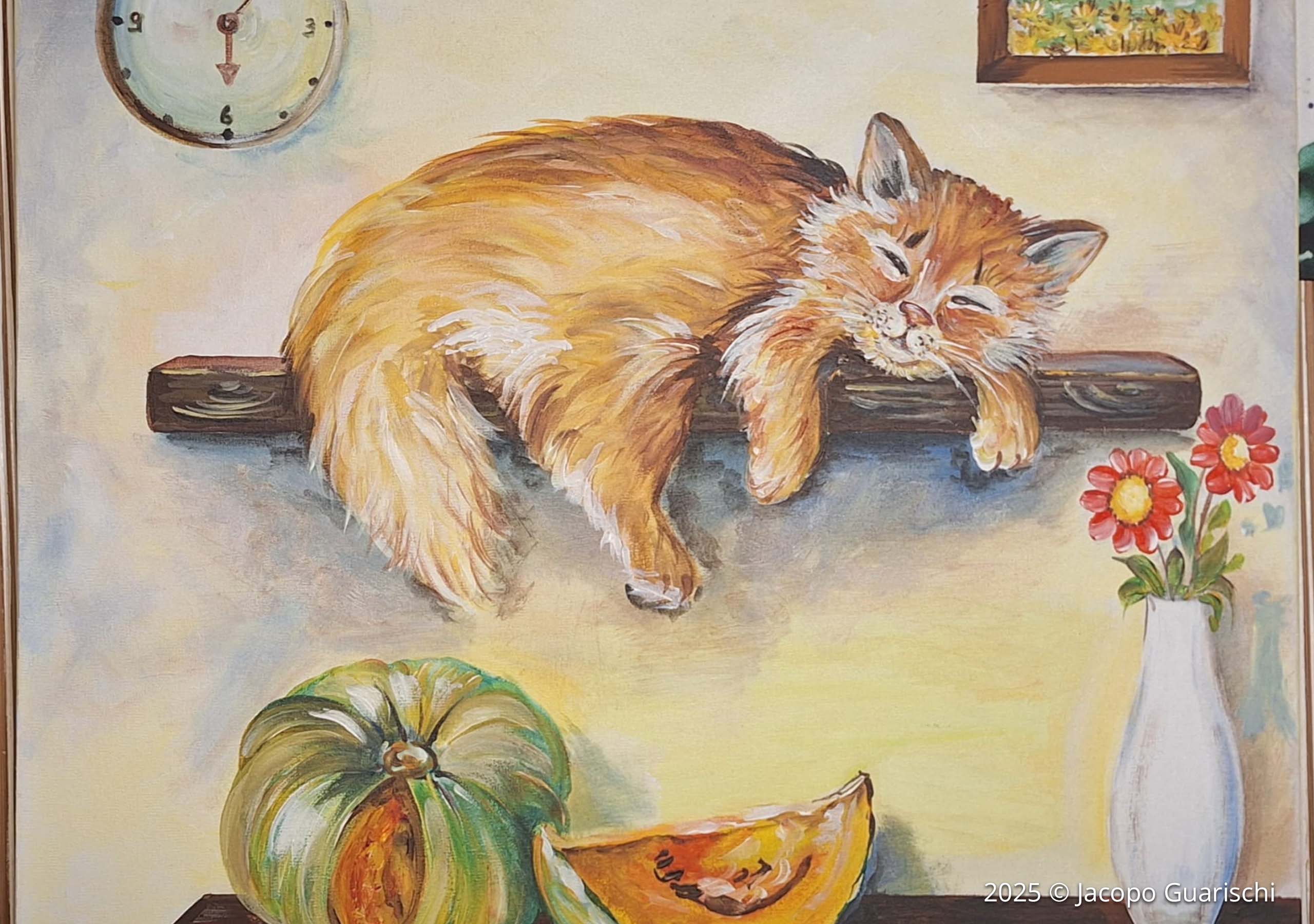 An orange cat sleeping on a wooden shelf above a pumpkin and a vase of flowers in a painting by Jacopo Guarischi
