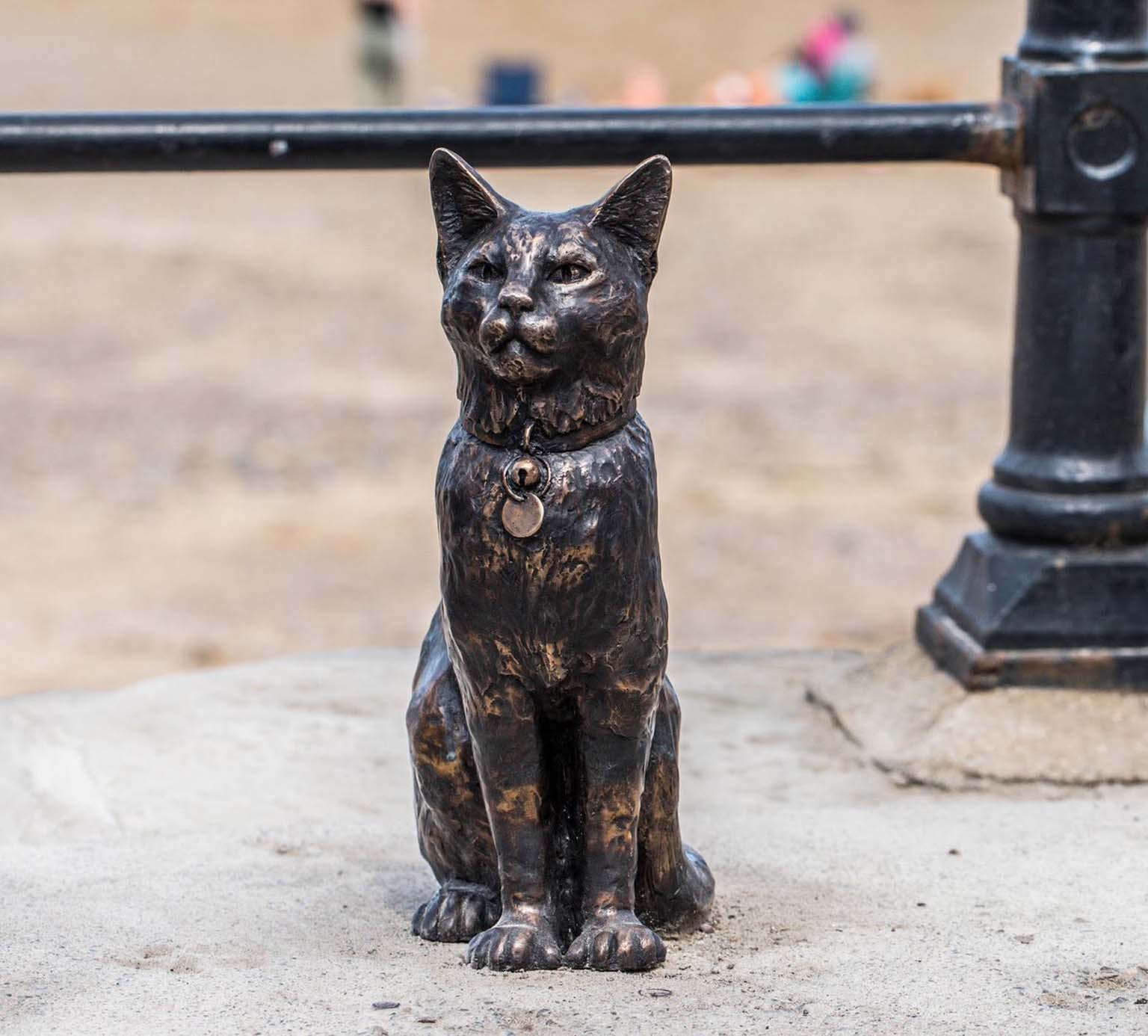 Bronze statue of a sitting cat with a collar and tag, positioned on a stone surface near a metal railing