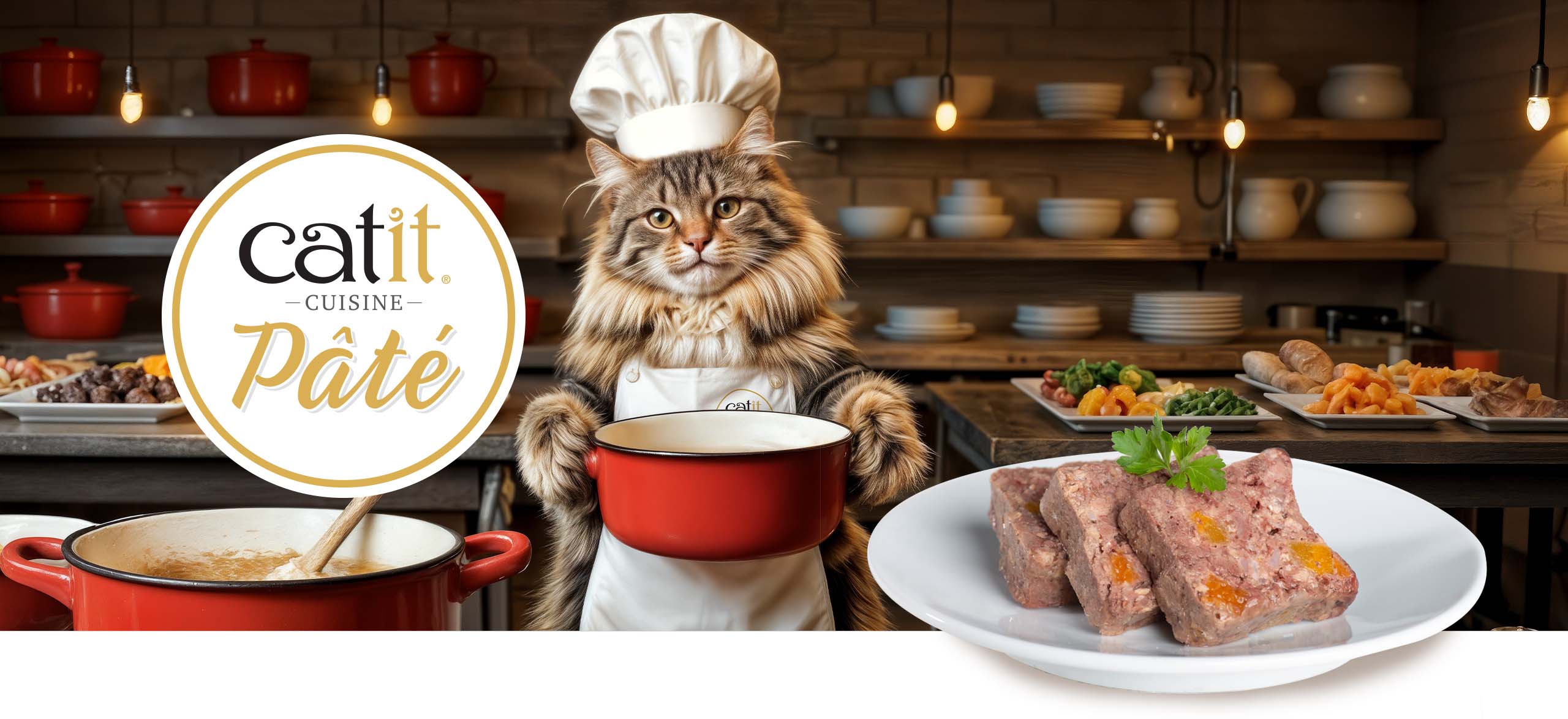 A fluffy cat wearing a chef's hat and apron holds a red pot in a kitchen, with a plate of pâté in the foreground